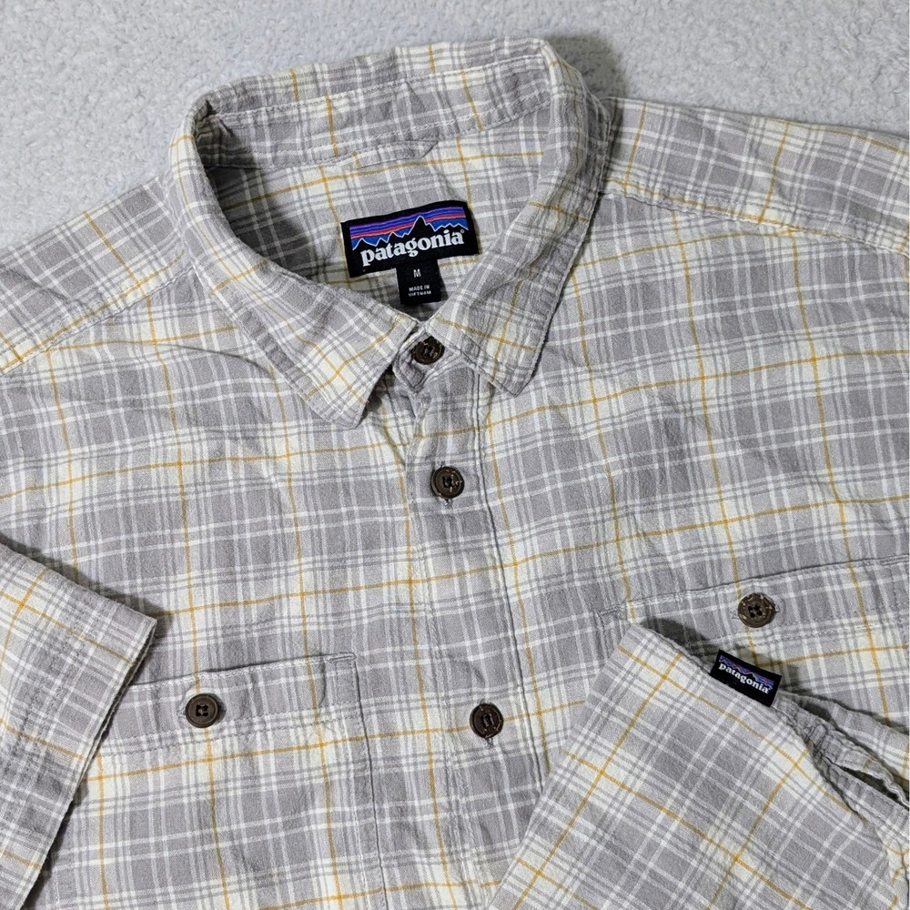 Patagonia Button Up Mens Med Grey Yellow Plaid Hemp Organic Cotton S/S Shirt‎